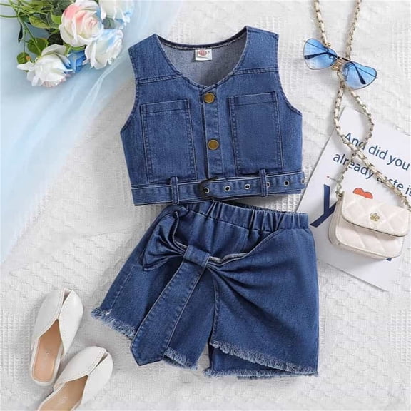 SONGGE Girls Denim Outfit Sets Casual Summer Toddler Clothes Stylish Tops Shorts Two Piece Set For Everyday Wear Cartoon Boho Clothes Sets