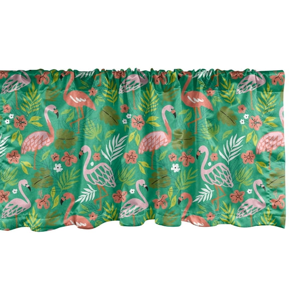 Ambesonne Tropical Window Valance, Caribbean Botany Flamingos, 54" X 12", Sea Green Salmon