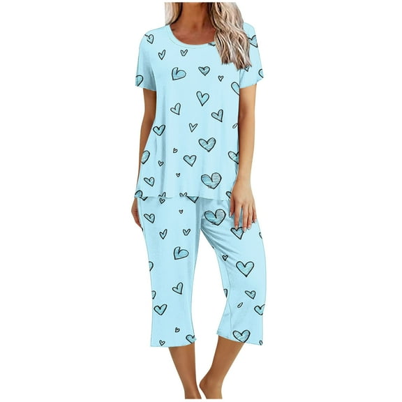Nrmvnmi Pajamas Sets For Women Fashion Graphic Prints Sleepwear Sets Crew Neck Short Sleeve Pullover Tops And Elastic Waisted Capri Pants Comfortable Loungewear Sports Pajama Sets