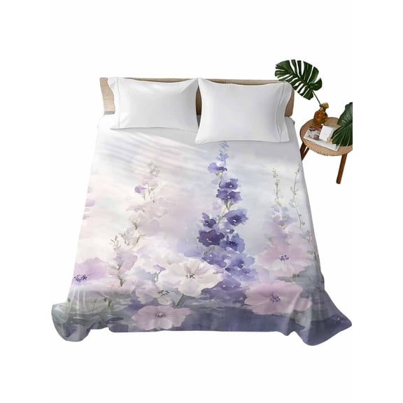 Twin Size Flat Sheet Only, Lavender Soft Brushed Microfiber Bed Sheets, Pastoral Pastel Purple Pink Wildflower Hotel Quality Breathable Bedding Top Sheet, Easy Care, 66"x96"