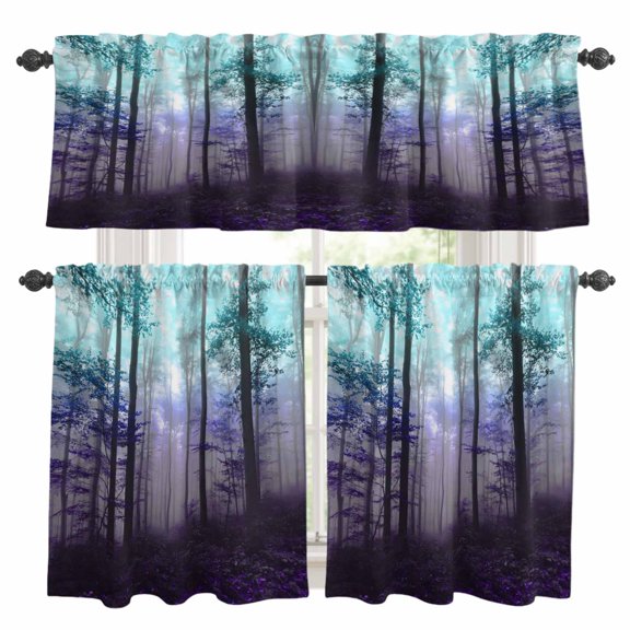 Teal Purple Forest Kitchen Curtains Sets for Windows 36 Inch Length, Vintage Foggy Woods Tree Rod Pocket Window Treatments Tier Curtains and Valances Set for Bedroom/Bathroom