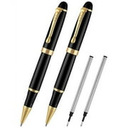 Cambond Metal Black Gel Pens - Uniform Cap Pens for Gift Business Men Police Flight Attendant, 1.0 mm, 2 Pens with 2 Refills, Black
