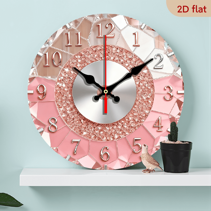 2D Flat 1pc 10Inch Wooden Elegant Pink Crystal Diamond-Studded Wall Clock - Silent Swiss Quartz Movement, Modern Round Wall Clock with Pink Accent Hands, Bedroom, Living Room, Office Decor