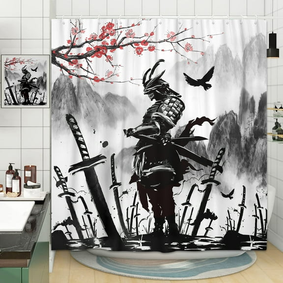 Japanese Samurai Shower Curtain, Cool Japan Anime Cherry Blossoms Fabric Shower Curtains Set For Bathroom, Asian Chinese Black And White Restroom Decor Accessories With Hooks 72X 72 Inch
