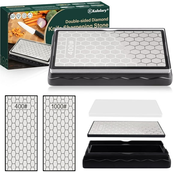 Kalolary Double-Sided Diamond Sharpening Stone, 400/1000 Grit Whetstone with Honeycomb Surface & Non-Slip Base for Scissors, Knives, and Outdoor Kitchen Tools (150 x 63mm)