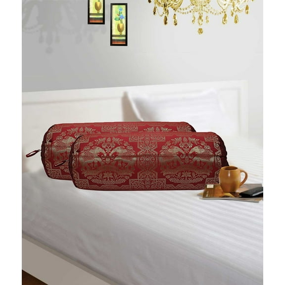 Stylo Culture Brocade Silk Cylindrical Decorative Bolster Pillow Covers For Living Room Maroon Gold Elephant Polydupion Ethnic Neck Roll Tubular Banarsi Bolster Cases | (Set of 2) | 30x15 Inches