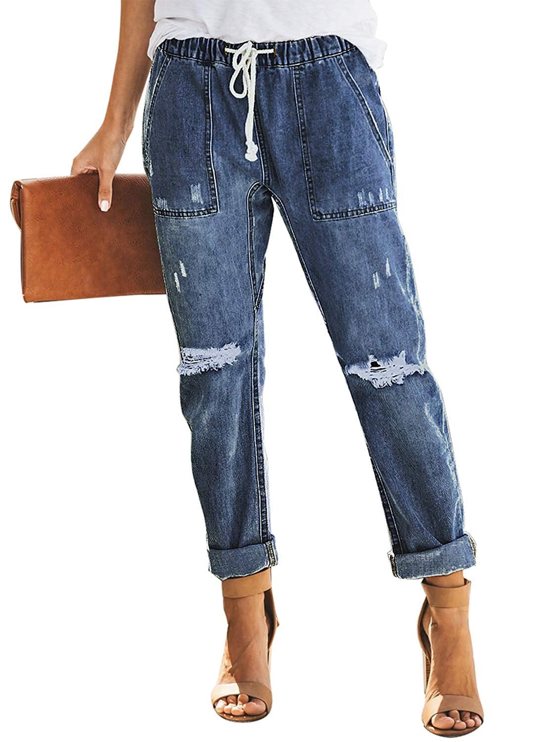 HOTAPEI Womens Jean Joggers Pullon Distressed Denim Joggers Elastic