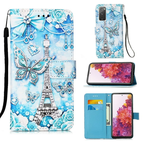 For Samsung Galaxy S20 FE Case, Mantto Patterned Phone Case With Hand Rope Strap Cute Painted Flip Card Wallet Slots Case,Kickstand Phone Skin For Samsung Galaxy S20 FE 5G, Tower Butterfly