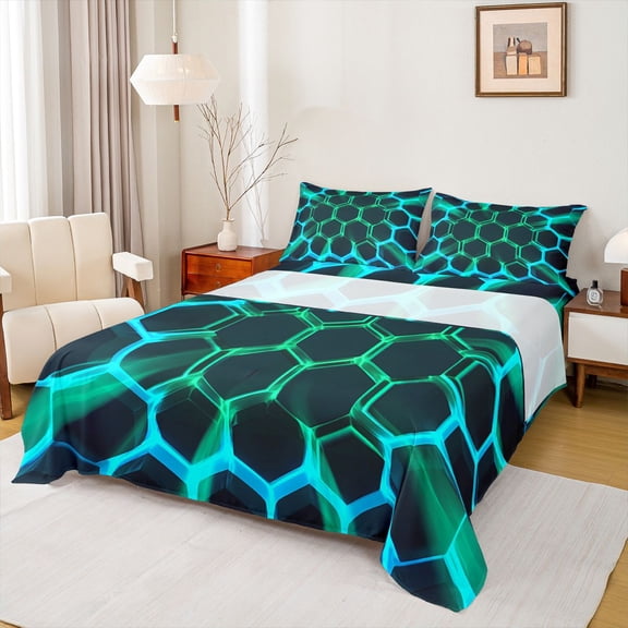Castle Fairy Neon Lights Honeycomb Boy Twin Sheet Sets,Geometric Gradient Hexagon Bedding