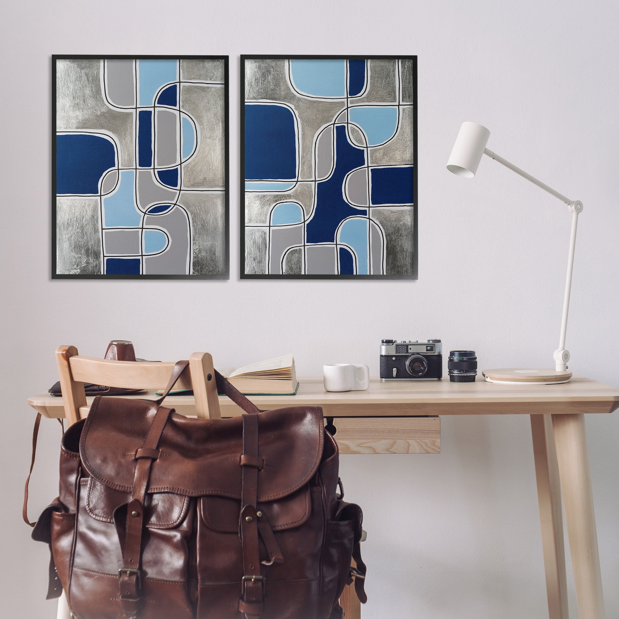 Stupell Industries Blue & Grey Geometrics Abstract Painting Black Framed Art Print Wall Art, 24 x 30, Set of 2