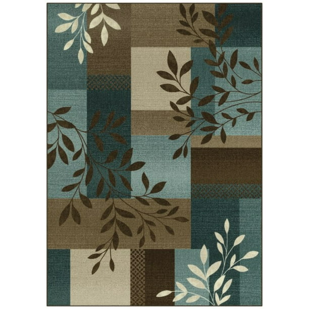 Mainstays Traditional Leaf Block Blue Brown Print Area Rug, 5'x7