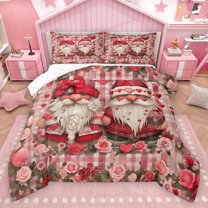 Homewish Cute Cartoon Gnome Queen Comforter Set,Pink Rose Flower Bedding Sets,Happy Valentine'S Day Bedding Comforter Set For Teens,Ultra Soft Home Decor Reversible,3-Piece