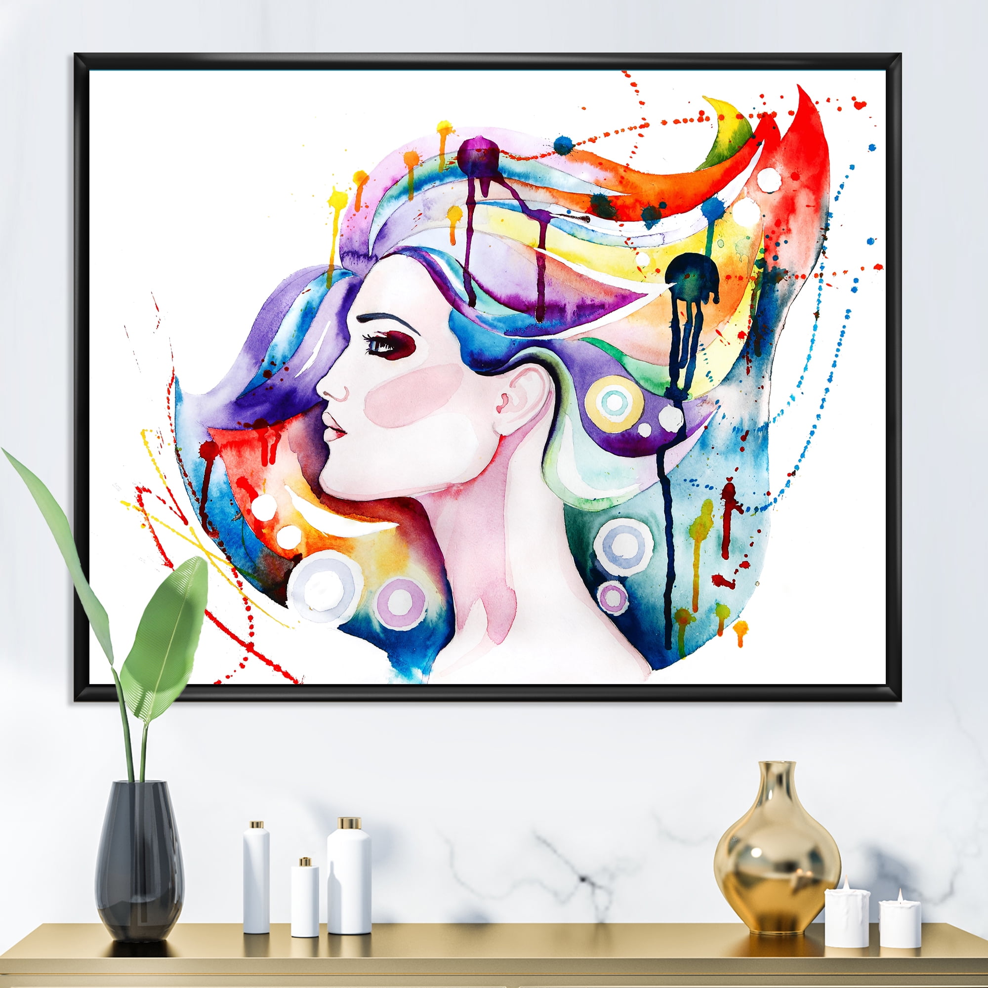 Beautiful Young Woman With Colorful Hair 32 in x 24 in Framed Painting Canvas Art Print, by Designart
