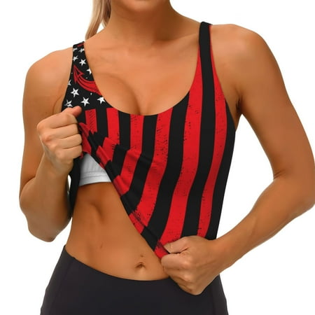 Qokaie Nautical American Flag Pattern Womens Scoop Neck Sports Bra Breathable Workout Vest Padded U Back Medium Impact Fitness Gym Yoga Bra Workout Crop Top
