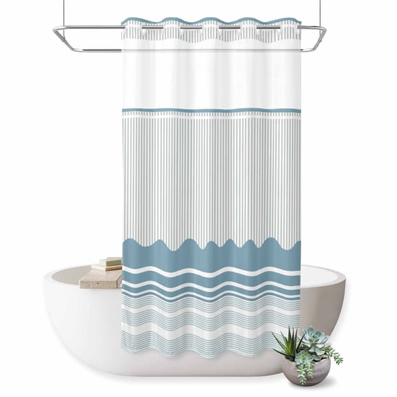 No Hook Shower Curtain, Blue Striped Shower Curtains for Bathroom with See Through Top Window, Abstract Modern Geometric Stripes Waterproof & Washable Bath Curtain Stand Up Stall 36"x72"