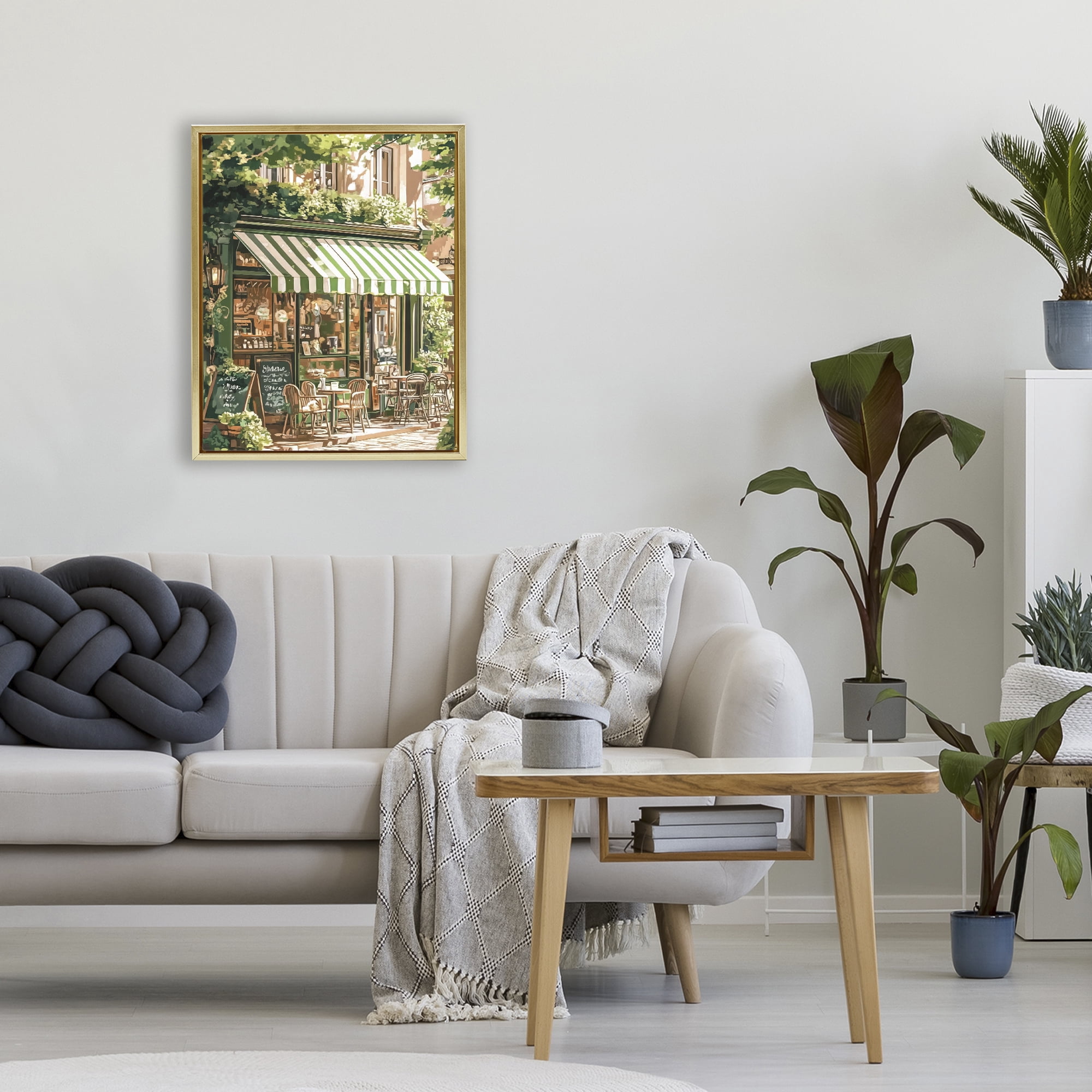 Stupell Industries Coffee Shop Awning & Greenery Gold Framed Floater Canvas Wall Art, design by LSR Design Studio