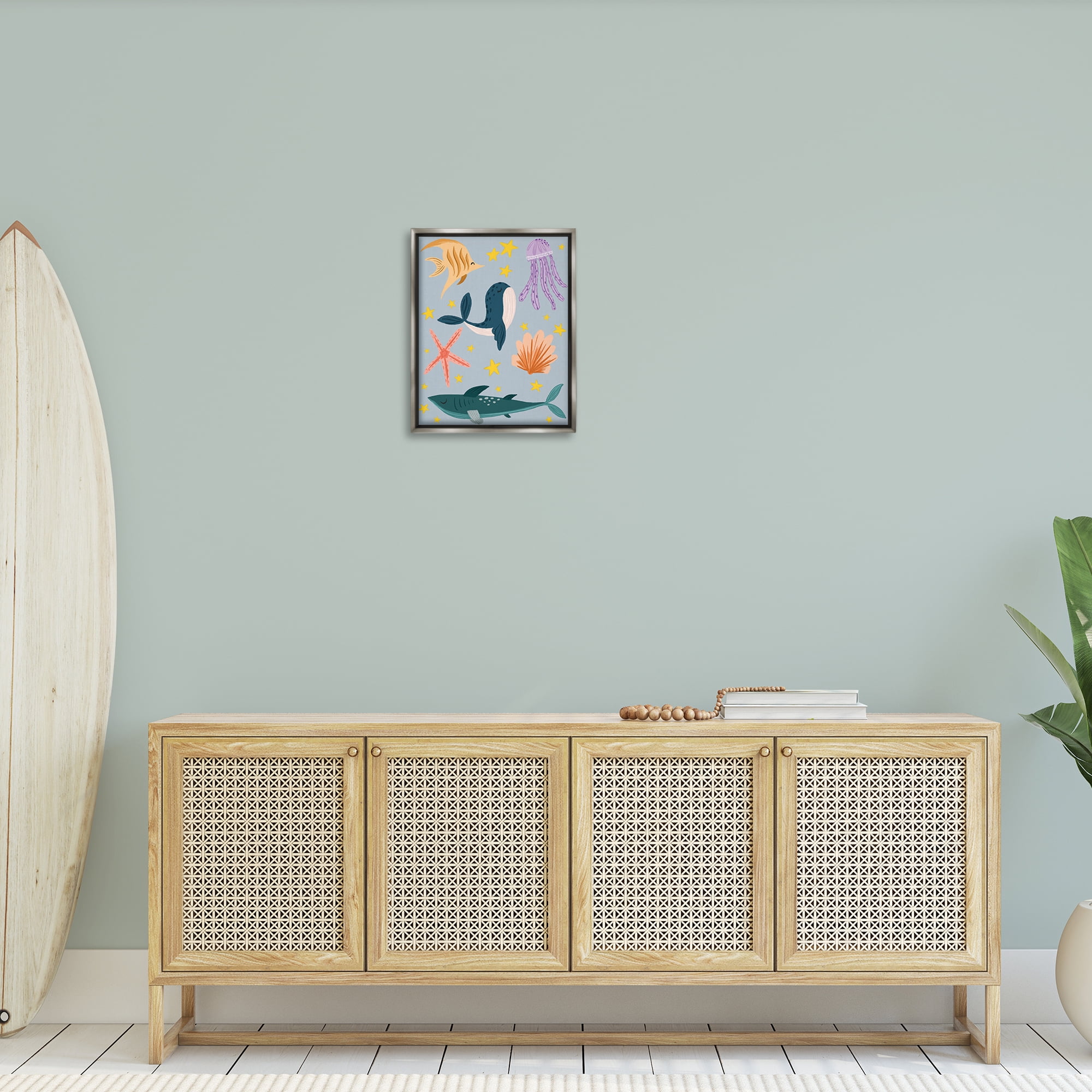 Stupell Industries Whimsical Marine Creatures Animals Painting Gray Floater Framed Canvas Art Print Wall Art, 17 x 21