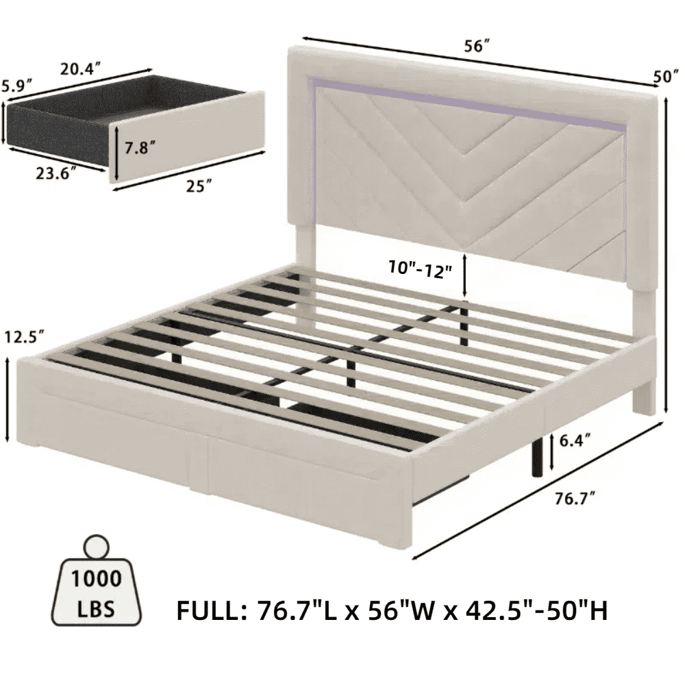 Fastroby Full Upholstered Bed Frame with LED Headboard & Storage Drawer, No Box Spring Required