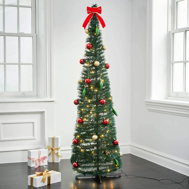 LampLust Tinsel Christmas Tree with LED Lights - 6 Foot, Collapsible ...