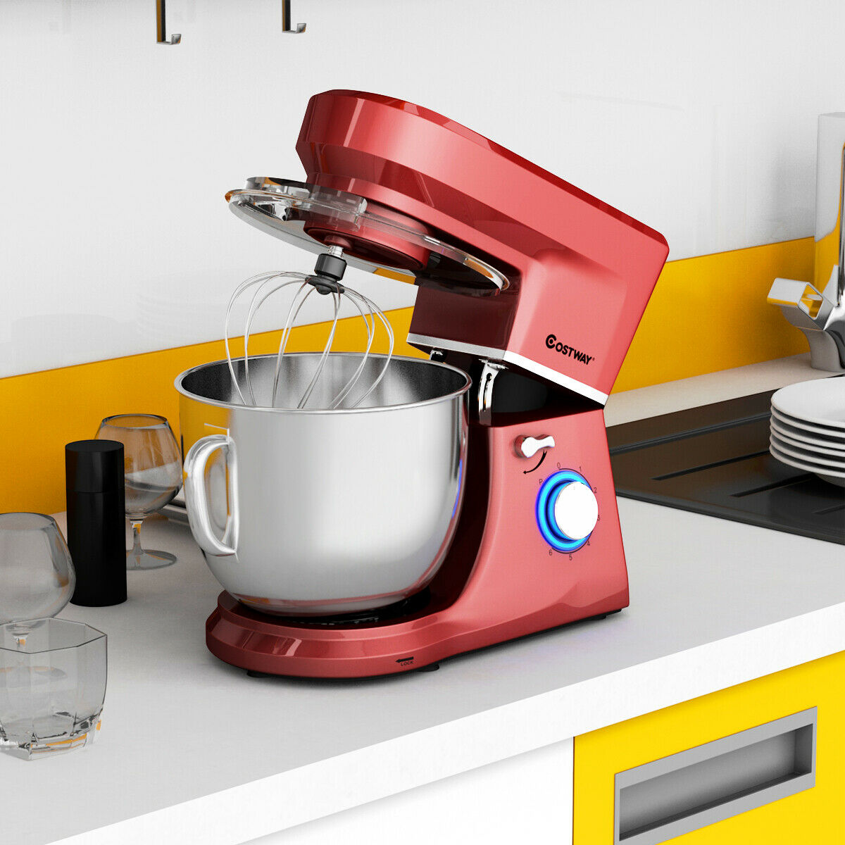 Costway Tilt-Head Stand Mixer 7.5 Qt 6 Speed 660W with Dough Hook, Whisk & Beater Red - image 3 of 10