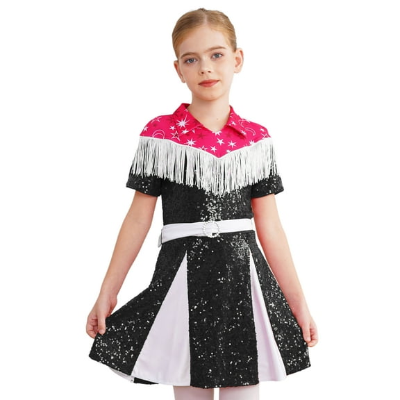 LiiYii Western Cowgirl Outfit Kids Girls Tassels Fringed Sequins Pleated Dress Performance Dancewear Black 16