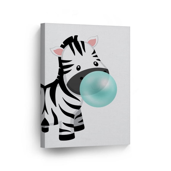 Smile Art Design Cute Zebra Animal Bubble Gum Art Teal Blue Chewing Gum CANVAS PRINT Black and White Wall Art Home Decoration Pop Art Living Room Kids Room Decor Made in USA 40x30