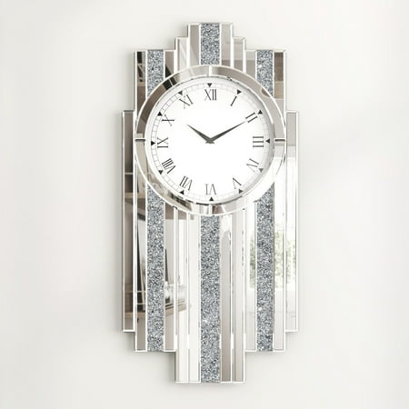 SHYFOY Luxury Art Deco Mirrored Wall Clock with Crushed Diamond Inlay Silver Glass Accent for Living Room