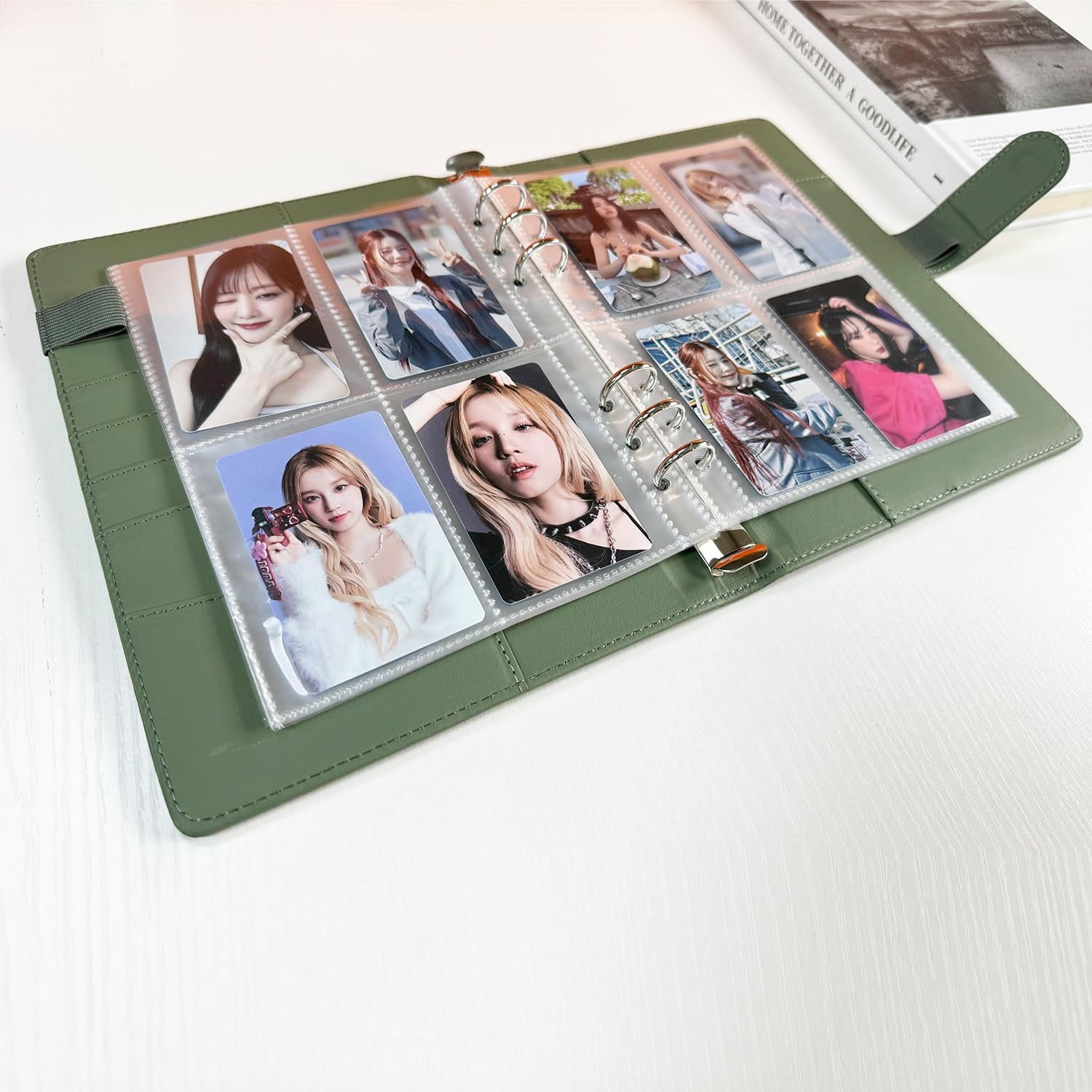 A5 Kpop Photocard Binder, 6 Ring Binder Collector’s Album with 240 Card Slots, PU Leather Cover for Organizing K-Pop, Trading Cards, Game Cards & Memorabilia (Olive Green)