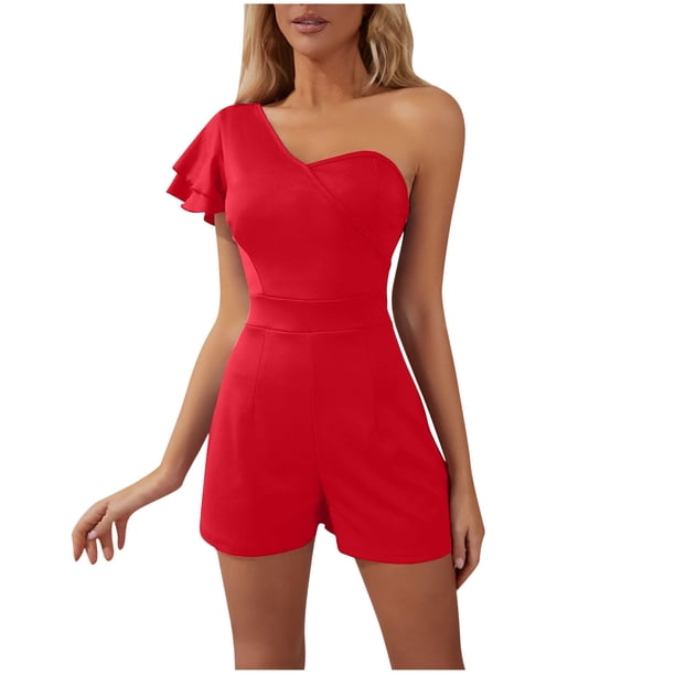 Conjunto de Verano para las Mujeres Color Sólido Hombro Doble Capa Manga Mono Pantalones Cortos, Cuello en V Superior Monos de Mujer Casual