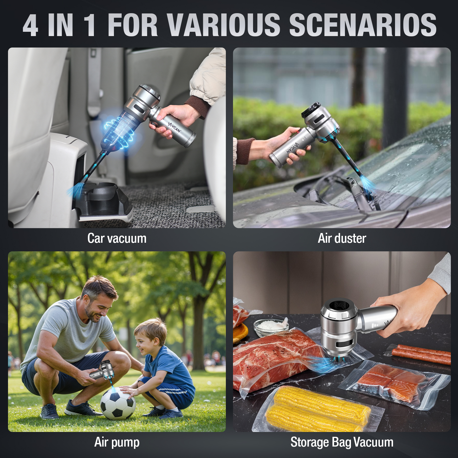 VCAN ACTIVE Car Vacuum Cleaner, High Power 18000PA, 40 Mins Runtime, Mini 4-in-1 (Compressed Air Duster, Blower, Pump) Handheld Cordless with Brushless Motor for Car, Home, Office