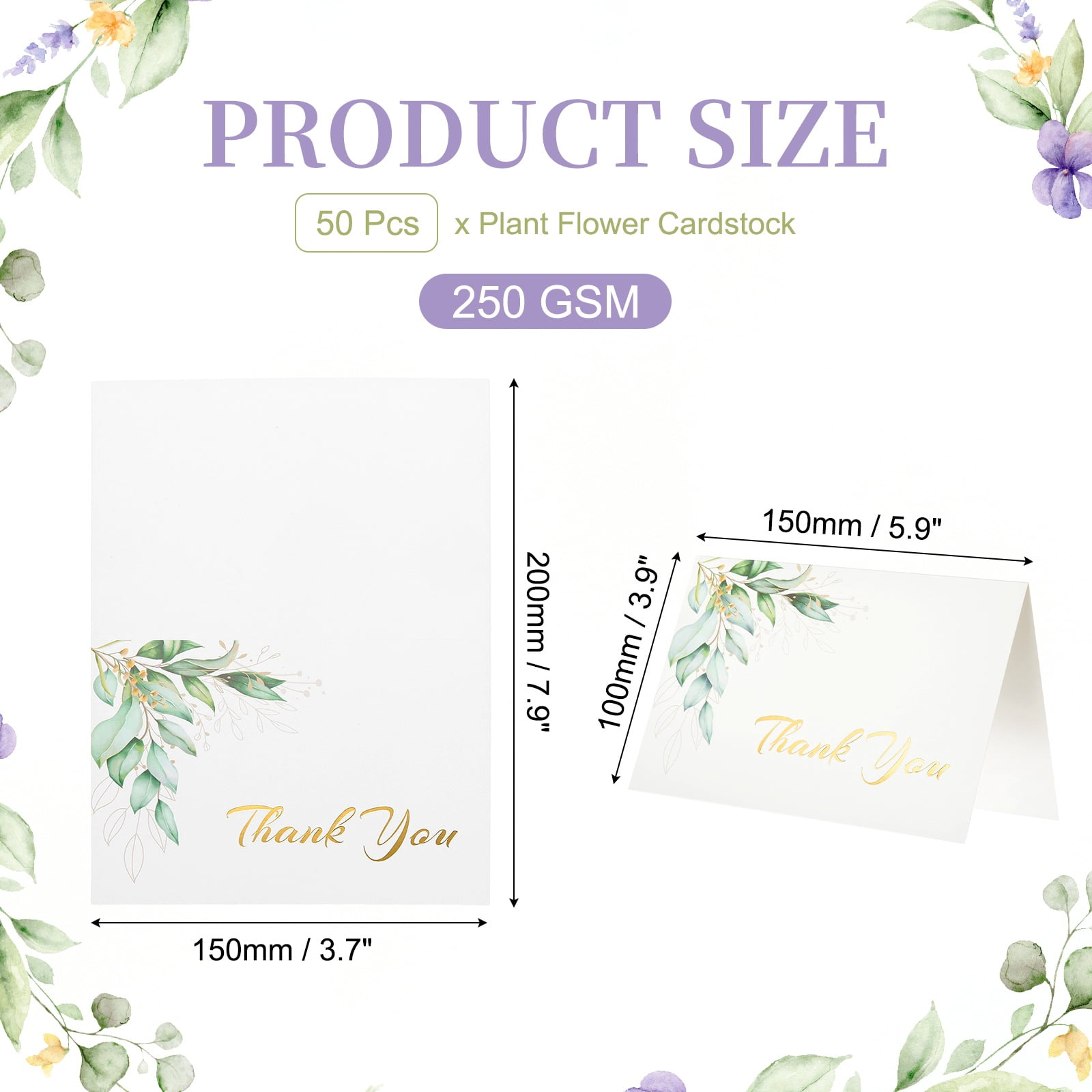 Uxcell 50Pcs Thank You Cards, 5.9"x7.9" Floral Folded Blank Cardstock, Thank You Notes for Greeting Cards Wedding Graduation Birthday DIY Craft Invitations, Watercolor Leaf Style