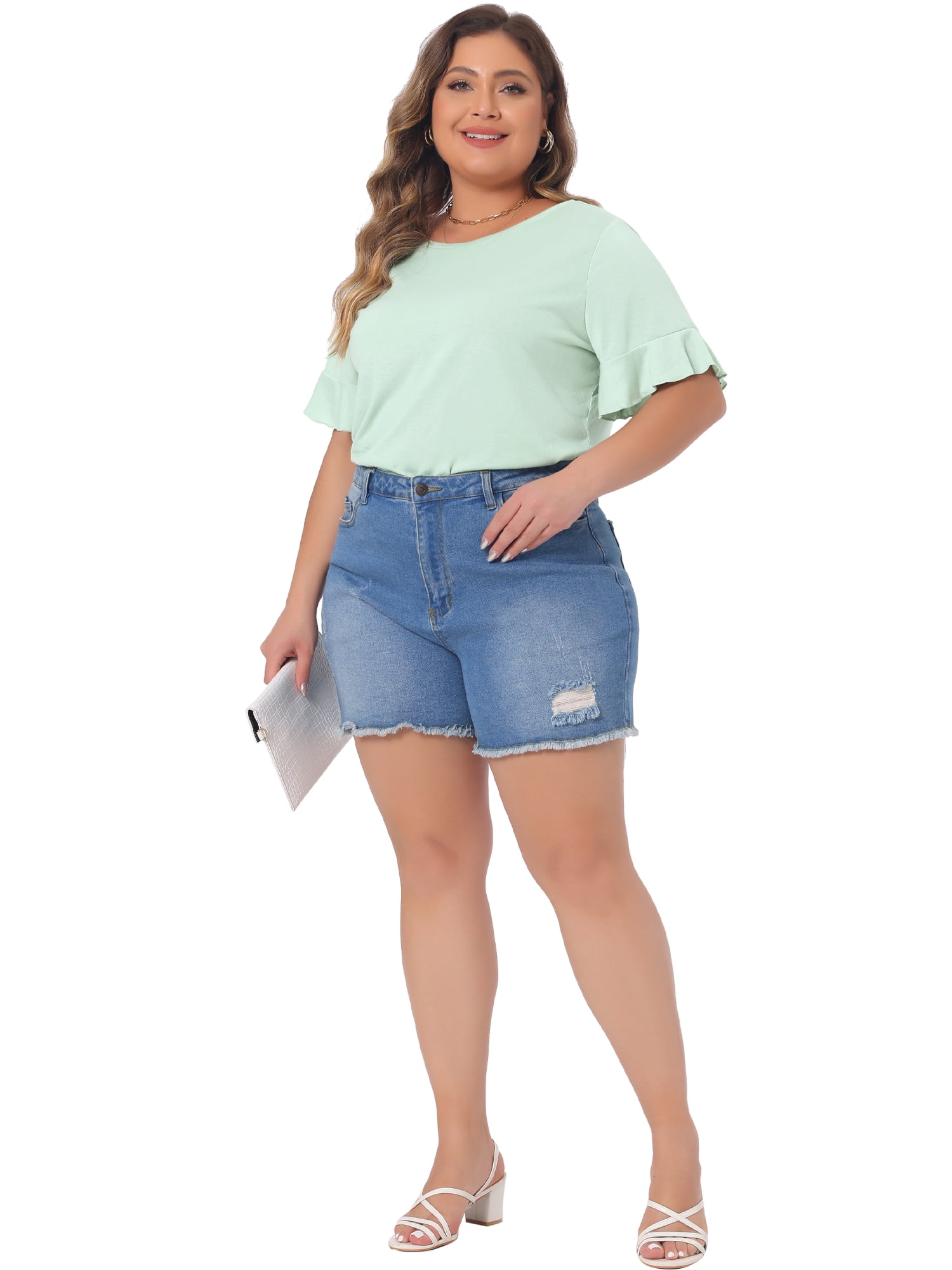 DARING DIVA Women's Plus Plain Crew Neck Ruffle Short Sleeves Blouse 4X Mint Green