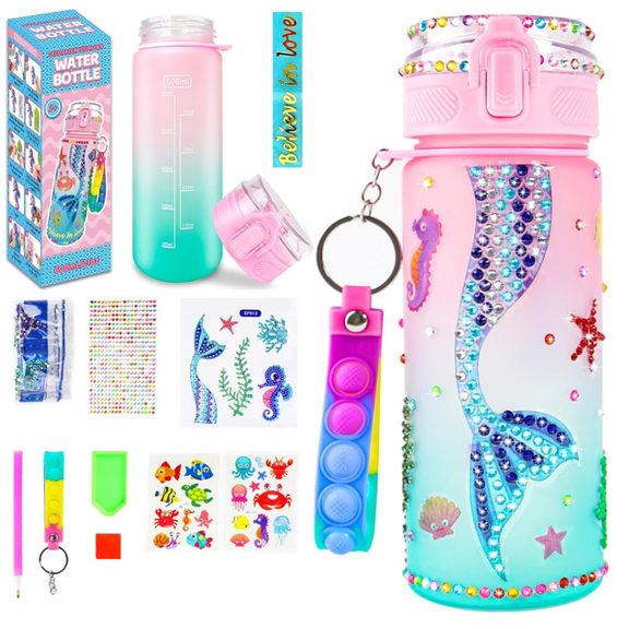 Decorate Your Own Water Bottle Kits, Mermaid Themed DIY Water Bottle Craft Kit with Bottle for Girls, 5D Diamond Art Stickers, DIY Birthday Christmas Gift