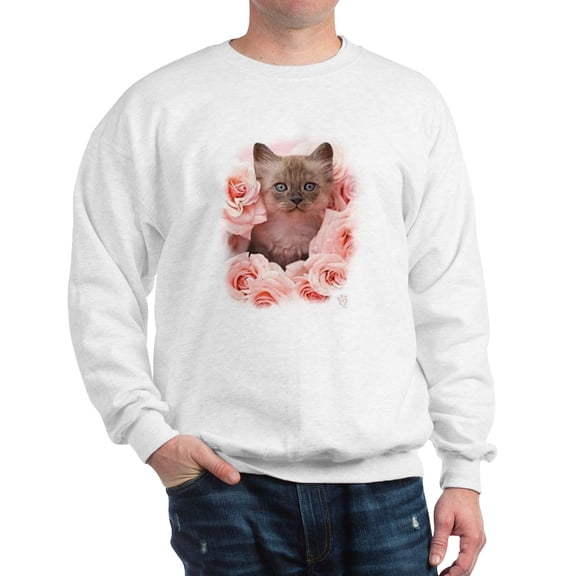 CafePress - Cute Kitten In Pink Roses Sweatshirt - Crew Neck Sweatshirt