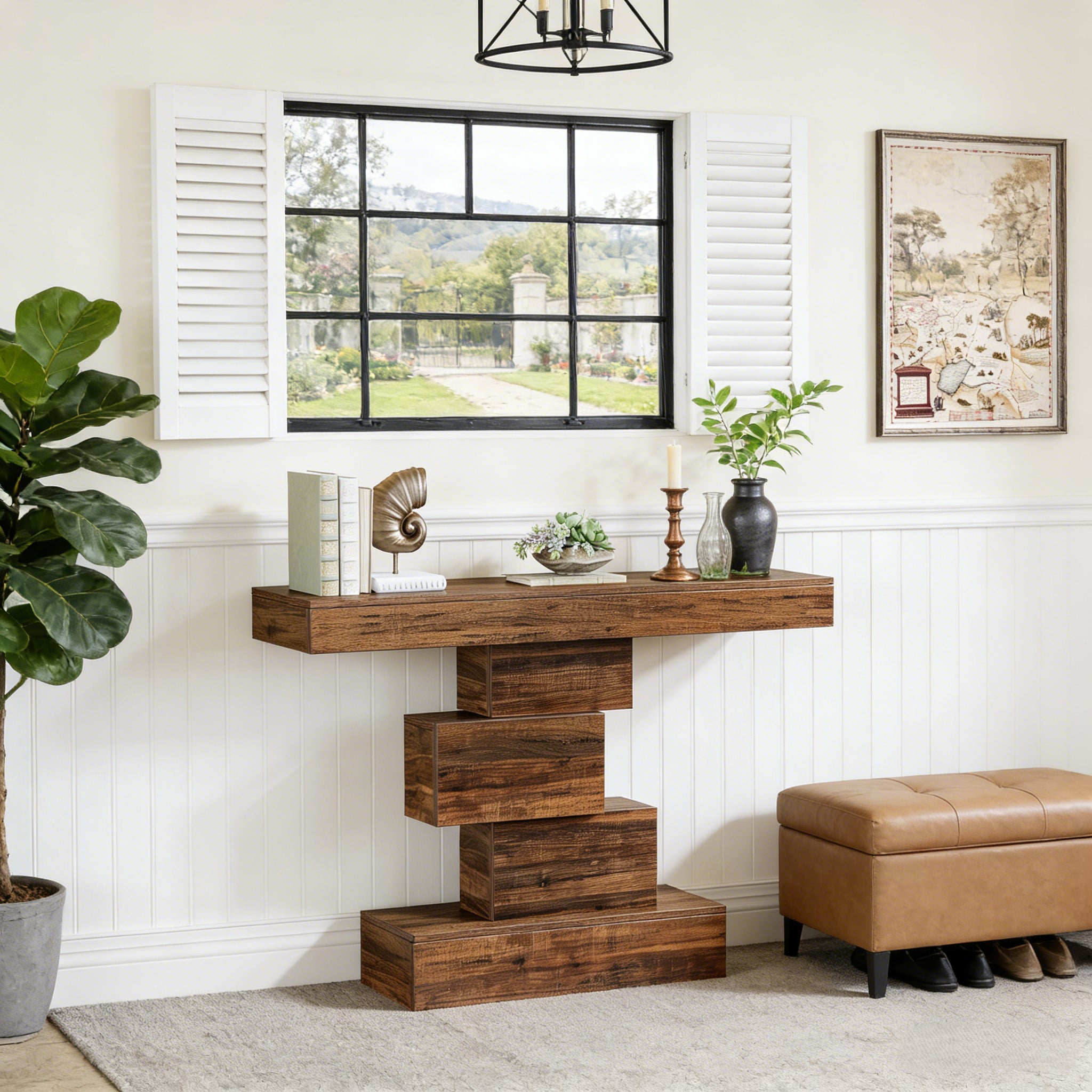 Fnova 42.5" Farmhouse Console Table, Wood Sofa Table with Geometric Storage, Narrow Accent Table for Living Room, Entryway, Hallway