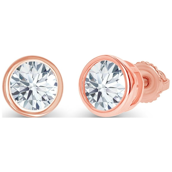 Decadence Rose Gold Plated 925 Sterling Silver 4mm Round Bezel Set Created White Sapphire April Birthstone Screwback Stud Earrings