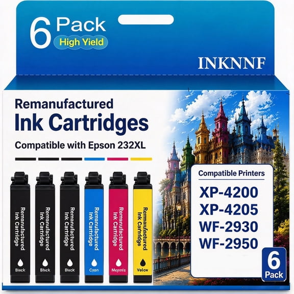 INKNNF 232XL Ink Cartridges Combo Pack Compatible for Epson 232 Ink Cartridge 232XL Works with WF-2930, WF-2950, XP-4200, XP-4205 Printer (3 Black, Cyan, Yellow, Magenta)