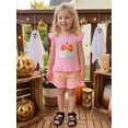 thumbnail image 5 of RUINIXCW Toddler Baby Girl Halloween Outfit Little Baby Girls Summer Fall Clothes Ghost Pumpkin Embroidered Flying Sleeve Ruffled Hem Shirt Tops and Plaid Shorts 2 Piece Set, 5 of 9