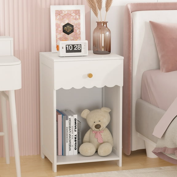 Yoneston Elegant Open Shelf Nightstand with Drawer Storage for Kid's Room Bedside Bedroom, Snow White