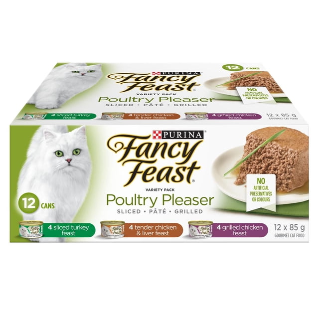 Fancy Feast Poultry Pleaser Sliced, Pâté, Grilled Variety Pack, Wet Cat Food 85 g x 12