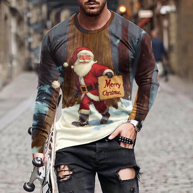 Blusas y camisas de manga larga con cuello redondo para hombre, blusa informal de manga larga con cuello redondo y estampado, blusa de poliéster para hombre