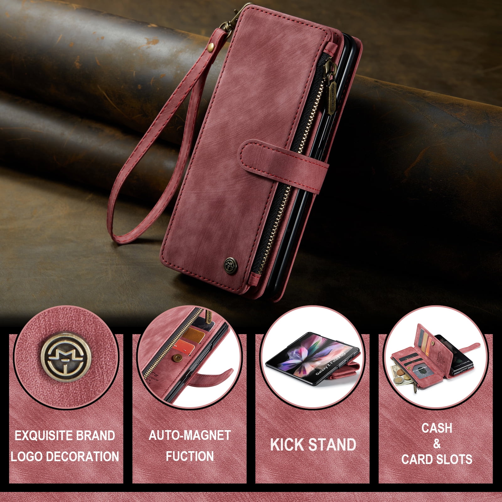 Dteck Galaxy Z Fold 3 Case, Dteck Heavy Duty Durable PU Leather Magnetic Wallet Flip Lanyard Strap Wristlet Zipper Card Holder Phone Case for Samsung Galaxy Z Fold 3 5G, Red