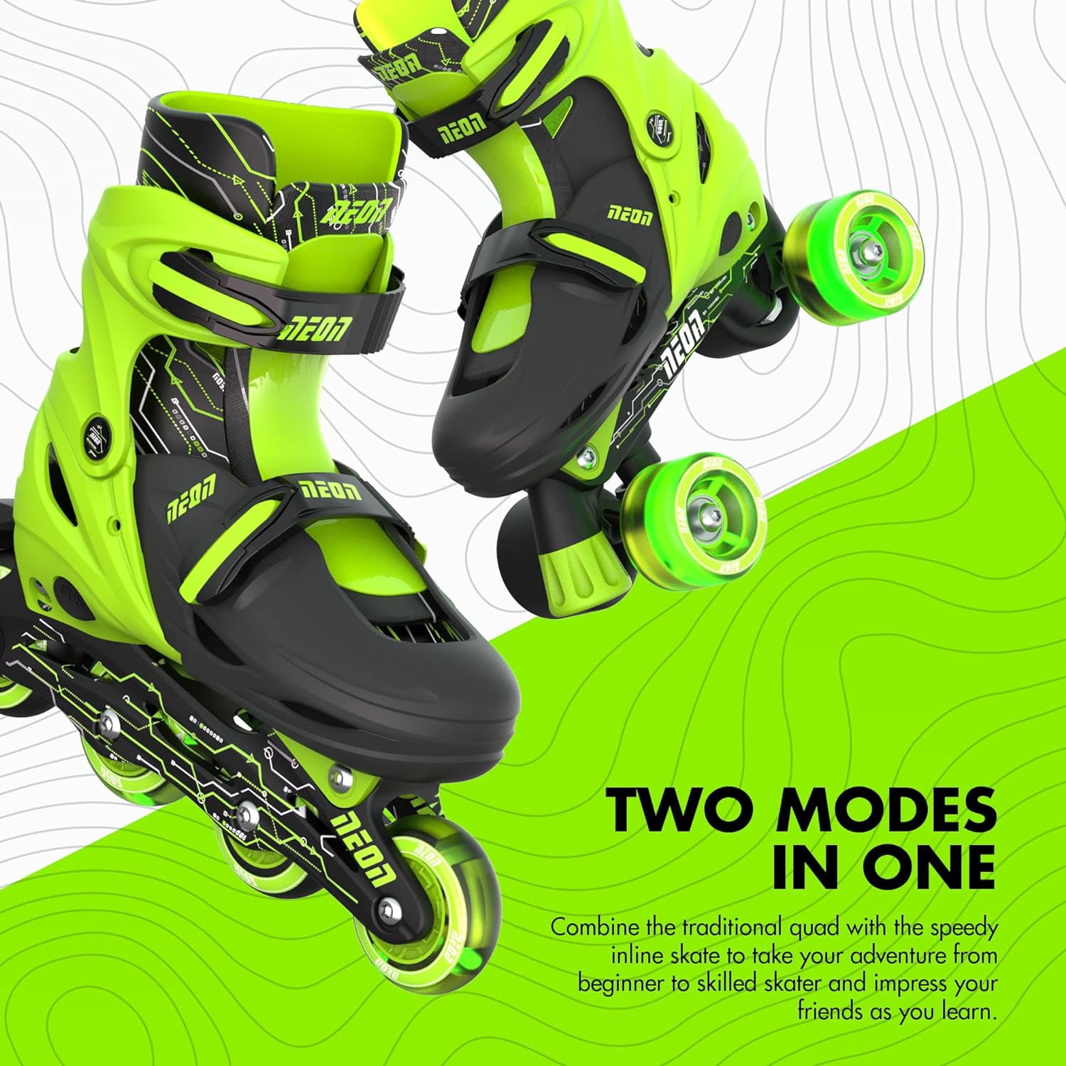 Yvolution Neon Roller Skates 2 in 1 Inline Skates and Quad - Girls and Boys Kids Skates, Size 12-2 Adjustable, One Pair, Green