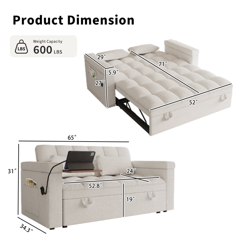 avobird 65'' 3 in 1 Convertible Sleeper Sofa Bed, Pullout Sleeper Sofa with Hidden Side Table/Charging port/Hidden Storage, Modern Futon Sofa for Apartments, Off white