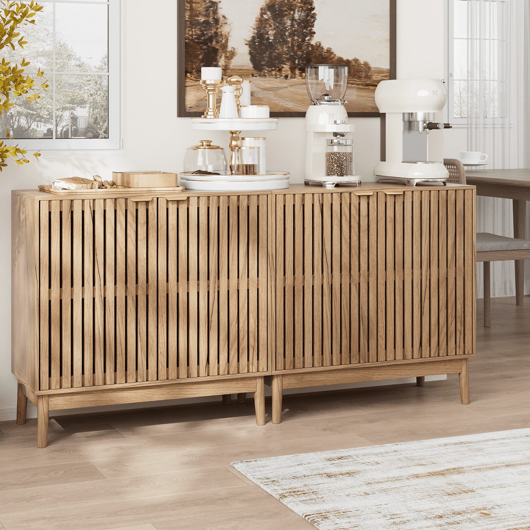 Algherohein Sideboard Cabinet with 4 Door & Adjustable Shelves, Kitchen Storage Organizer, Home Decor TV Stand for Living Room, Oak