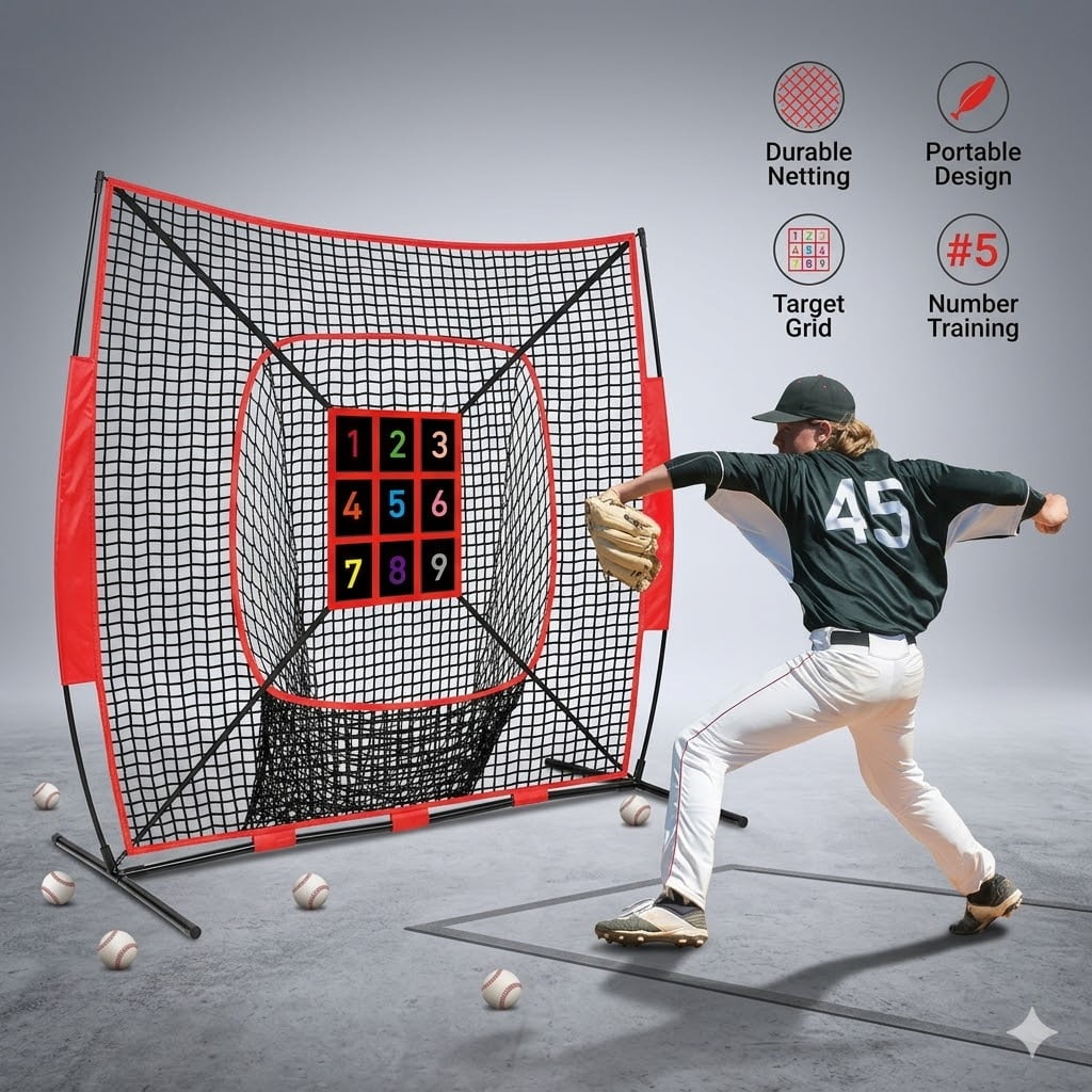 Training Net, Baseball Softball Adjustable Pitching Backstop Net Hitting Throwing Catching Exercise Grid Equipment Sport Practice Target Frame Outdoor Athletics Gear