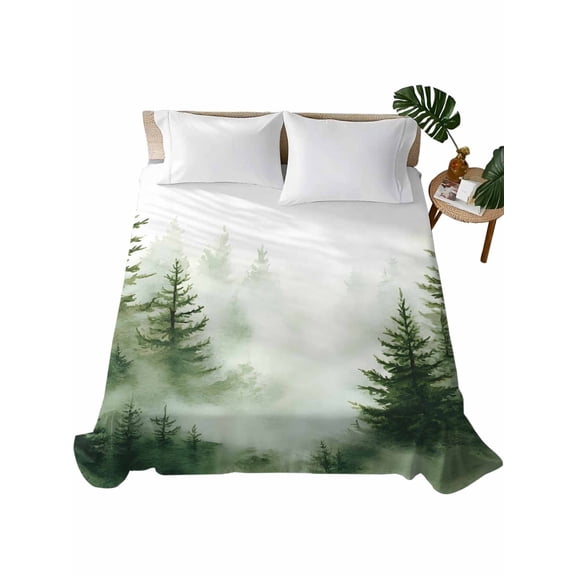 Queen Flat Sheet 90"x102", Watercolor Forest Soft Lightweight Bedding Flat Sheets Only, Green Foggy Natural Landscape Plants Brushed Microfiber Top Bed Sheet, Breathable StainResistant Bedsheets