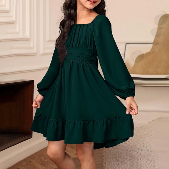 ITSAME Dress for Girls, Square Neck Backless Lantern Long Sleeve Summer Fashion Casual Ruffled Dress Army Green 6-7T