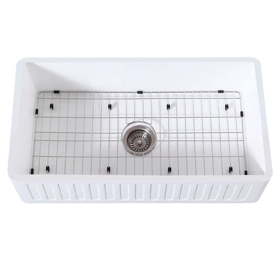 Gourmetier KGKFA361810RM Arcticstone 36-Inch Solid Surface White Stone Apron-Front Single Bowl Farmhouse Kitchen Sink with Strainer and Grid in Matte White/Brushed