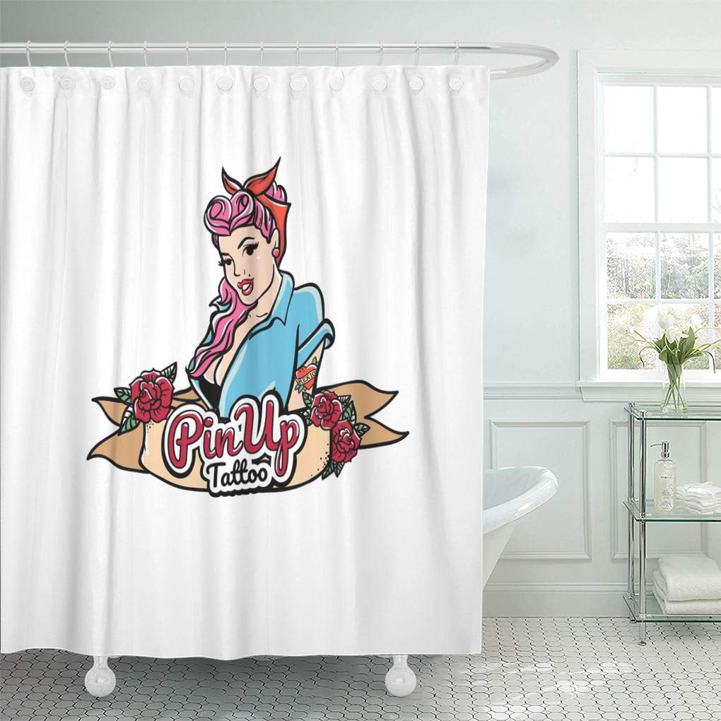 Cynlon White Mom Retro Girl Pretty Pin Up Sailor Old Bathroom Decor Bath Shower Curtain 60x72